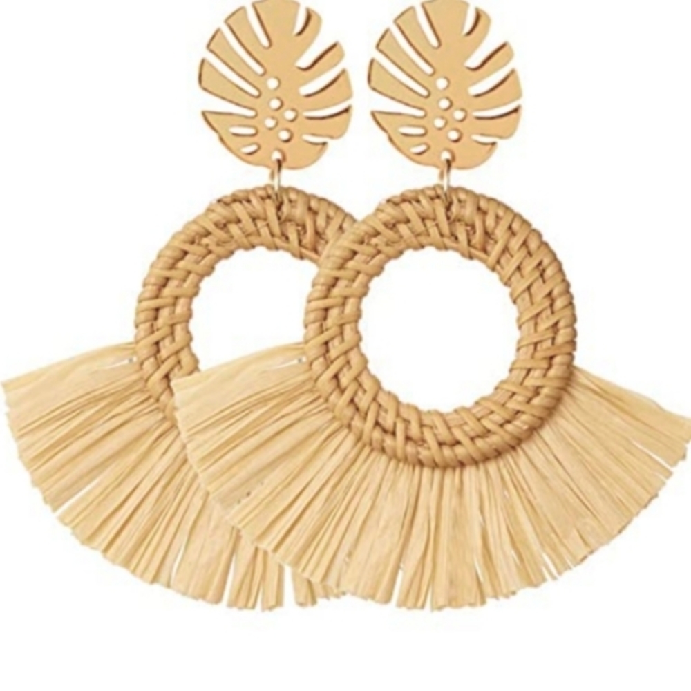 New Raffia Fringe Rattan Oversized Statement Earrings Big Round Botanical Wicker